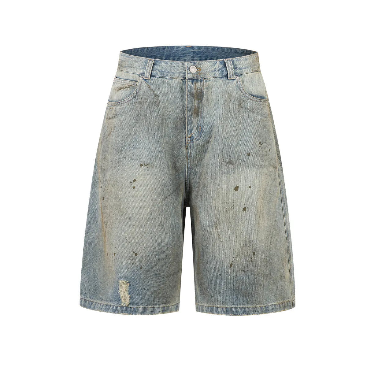 Blue cropped denim middle pants with straight leg design and zipper fly closure on street fashion model