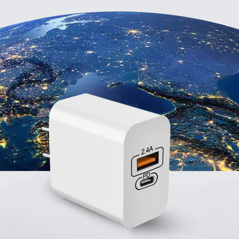 Travel charger with fast charge PD interface for Android phones, bare metal finish, compatible with AU EU UK US outlets