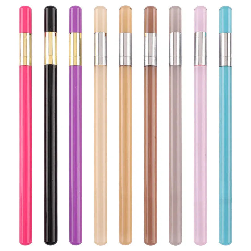 Acrylic transparent mechanical pencil with plastic shell and alloy tip, shown in multiple colour options.