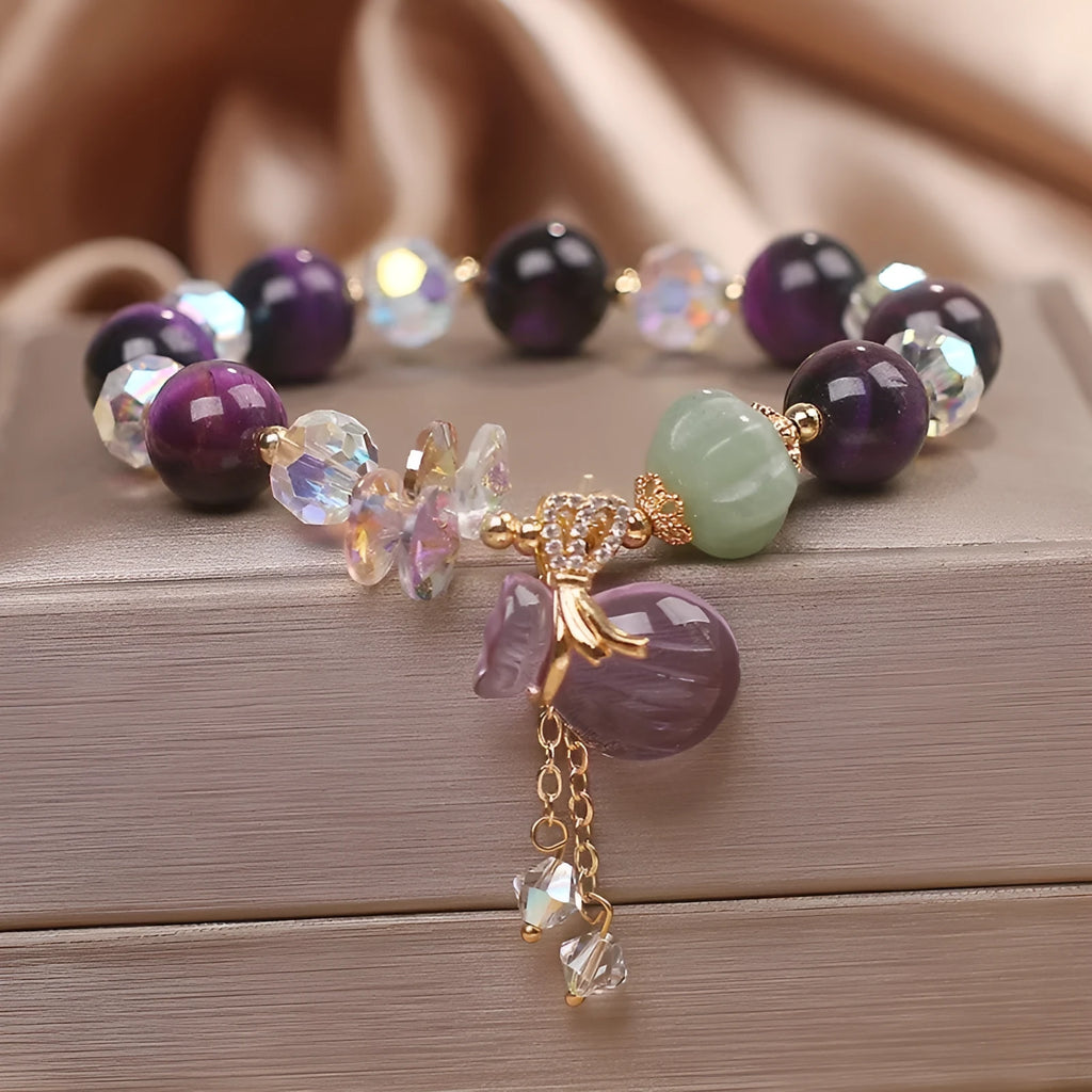 Women's purple tigereye money bag pendant crystal bracelet with rhinestone forest style design