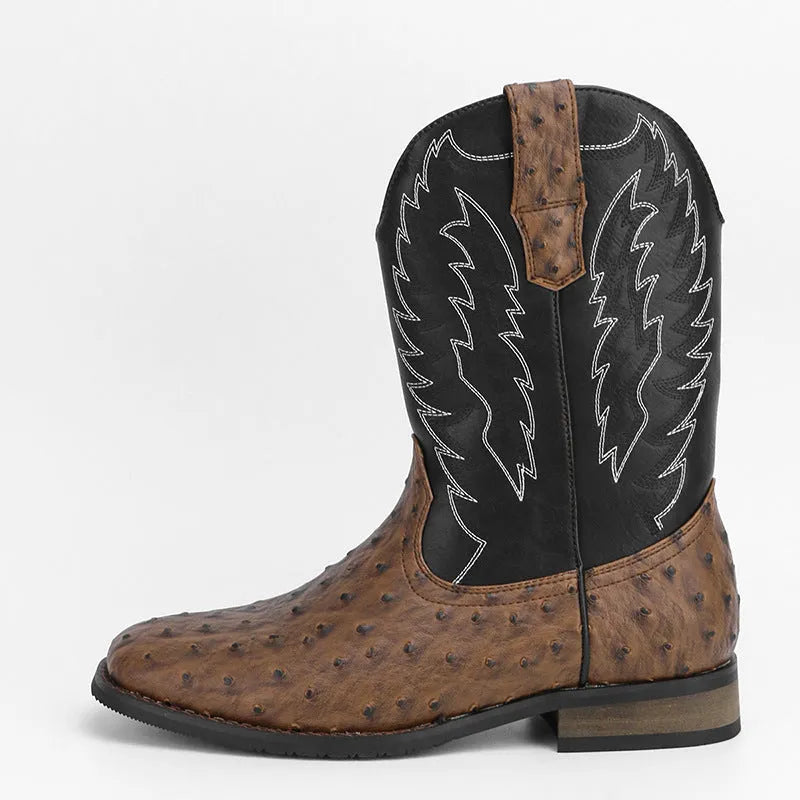 Men's black square toe motorcycle boots with a wedge heel and mid-calf design.