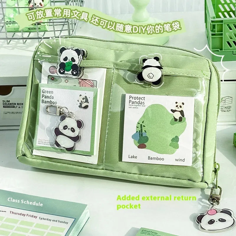 Green 12 layer panda pencil case with Korean style design and canvas construction