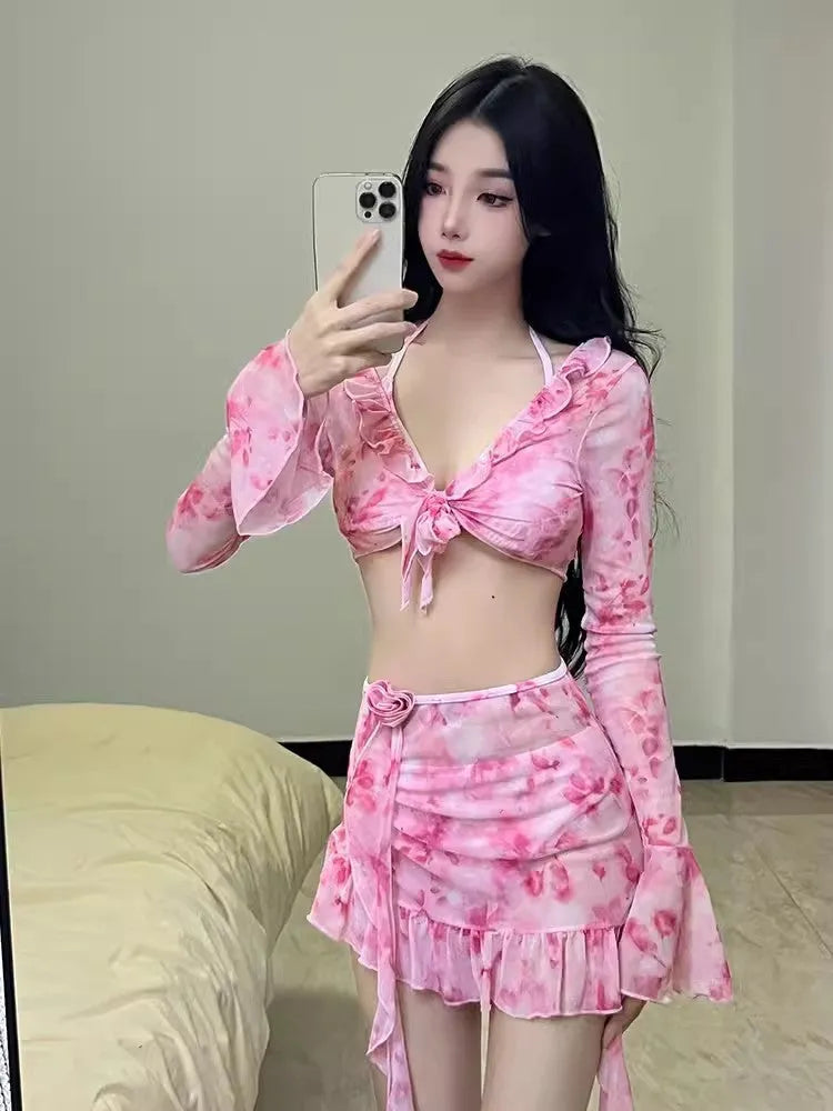 Women's floral bikini in cherry blossom powder with polyester fabric, sizes S to XL for beach and hot spring use