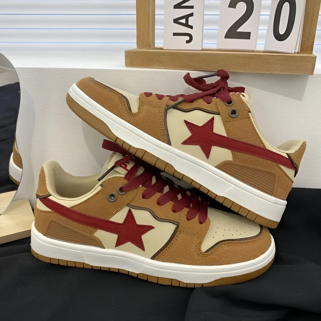 Brown low-top women's platform sneakers with sequin details and lace-up front.
