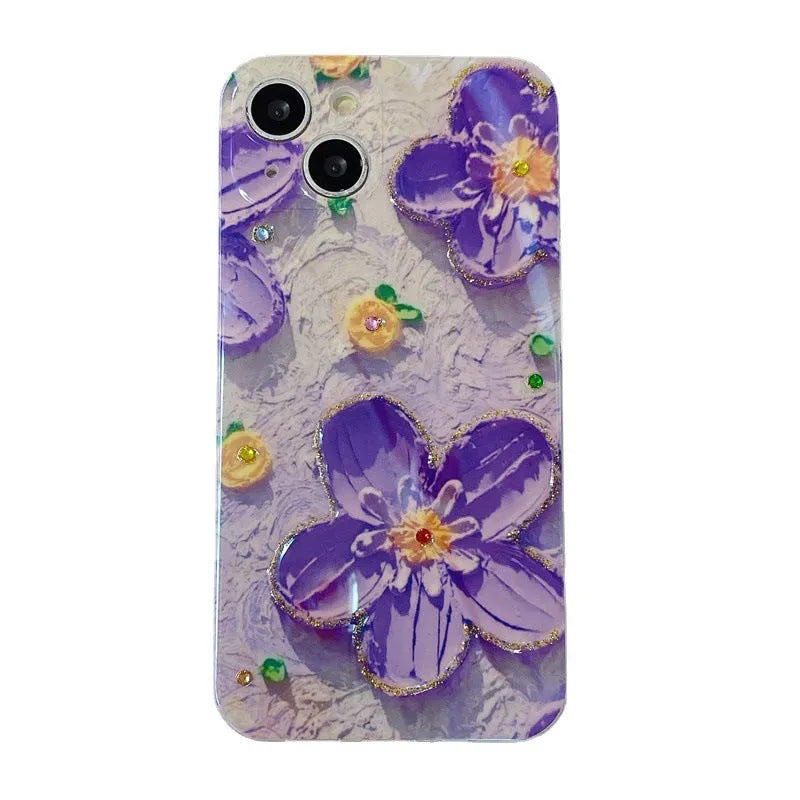 Purple and yellow soft rubber phone cases with oil painting flower designs and diamond accents