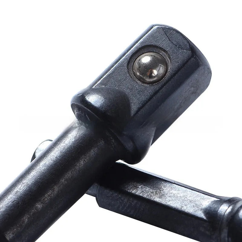 Hexagonal handle to square head socket extension rods in chrome vanadium steel with blackened surface, set of 8 pieces including long and short rods.