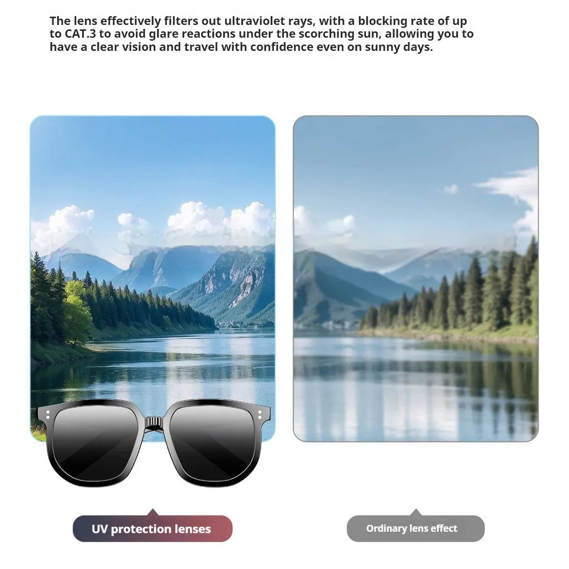 Black AI smart glasses with Bluetooth audio, anti-blue light lenses, and touch control on temple for hands-free calling