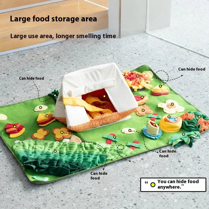 Plastic dog sniffing mat with fabric texture for hiding treats, showing themed Garden Camping smell pad design