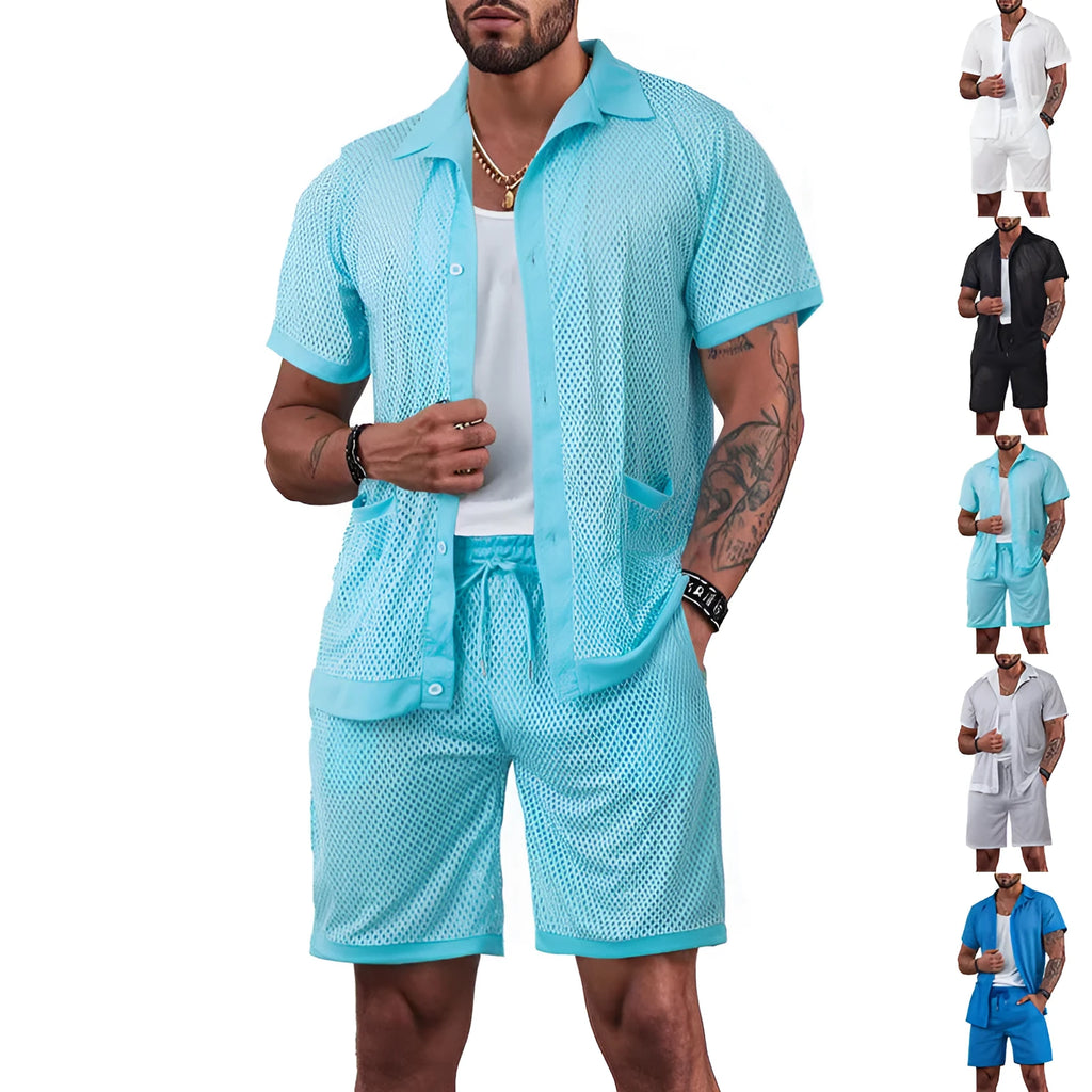 Hawaii see-through summer leisure suit comprising a short sleeve cardigan and matching shorts on a hanger.