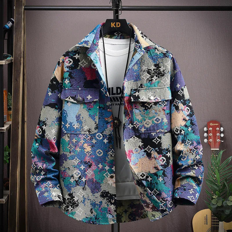 Personality casual lapel shirt coat in colour 526 black with long sleeves and straight hem, size 2XL for 70.00-77.50 kg