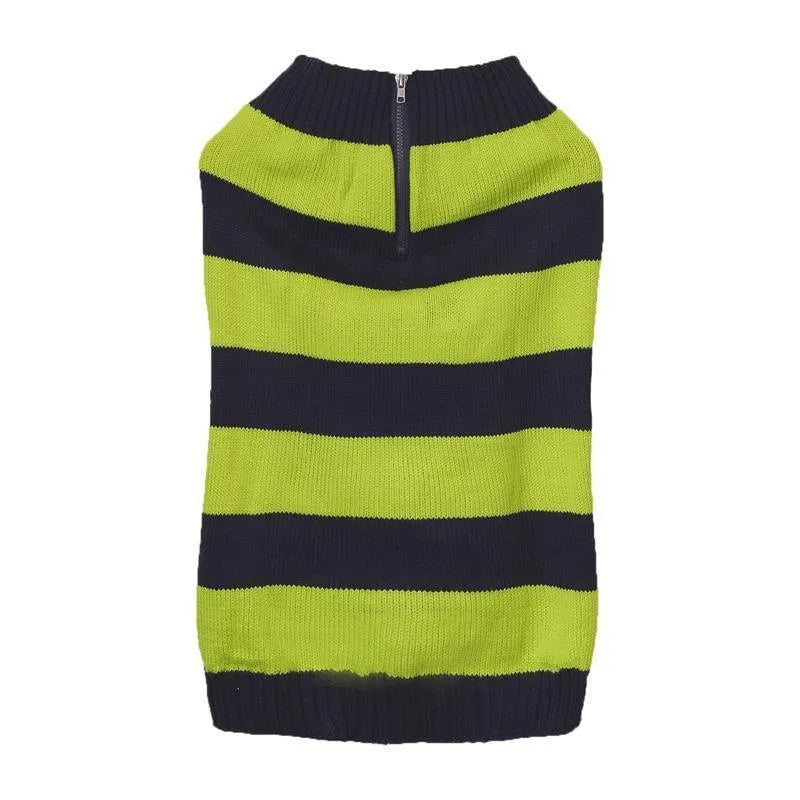 Grey dog sweater with horizontal zipper, button closure, and contrast colour front pockets on a small dog