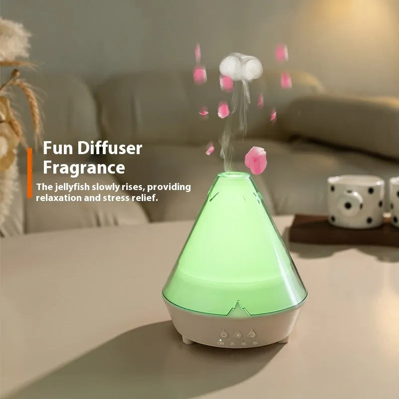 Volcano-shaped white desktop humidifier with colourful flame and smoke ring effect, USB plug-in ultrasonic aromatherapy diffuser