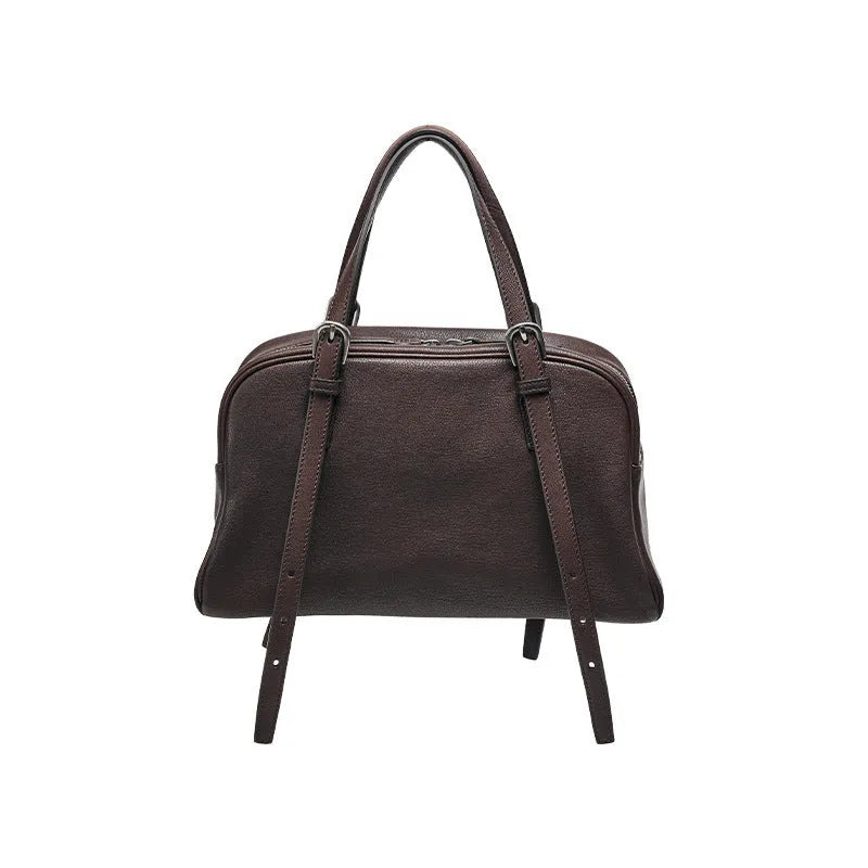 Women's retro genuine leather shoulder bag with double straps and sandwich pocket design in horizontal square shape
