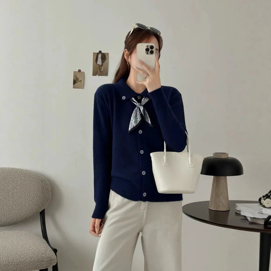 Lazy Fashion Lapel Scarf Sweater in cardigan style with integrated scarf, long sleeves, and acrylic fibre construction