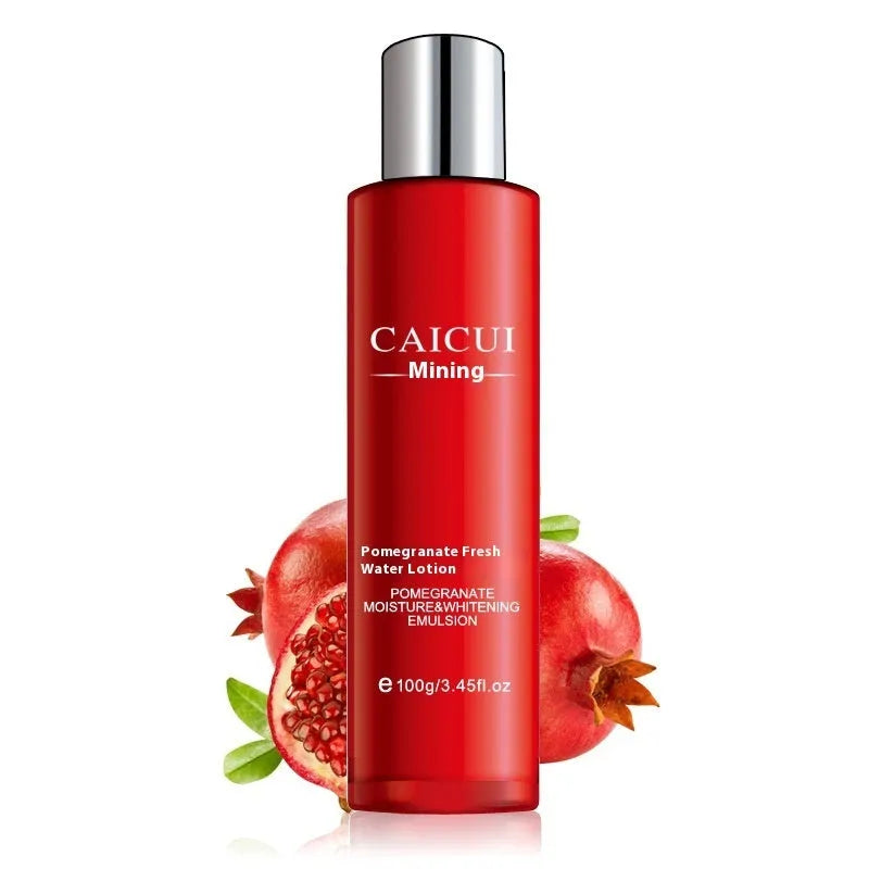 Pomegranate skin care set with 120ml face wash, 150ml toner, 100ml lotion, and 50ml facial cream in red packaging
