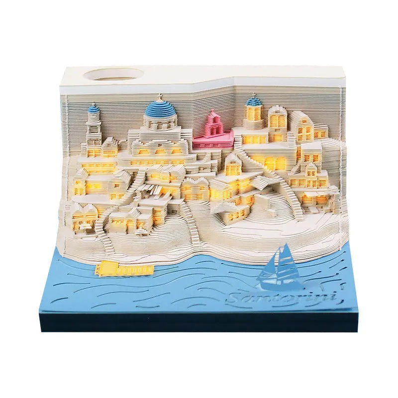 Santorini 3D paper carving building model notepad with LED lighting decoration showing beach scene construction