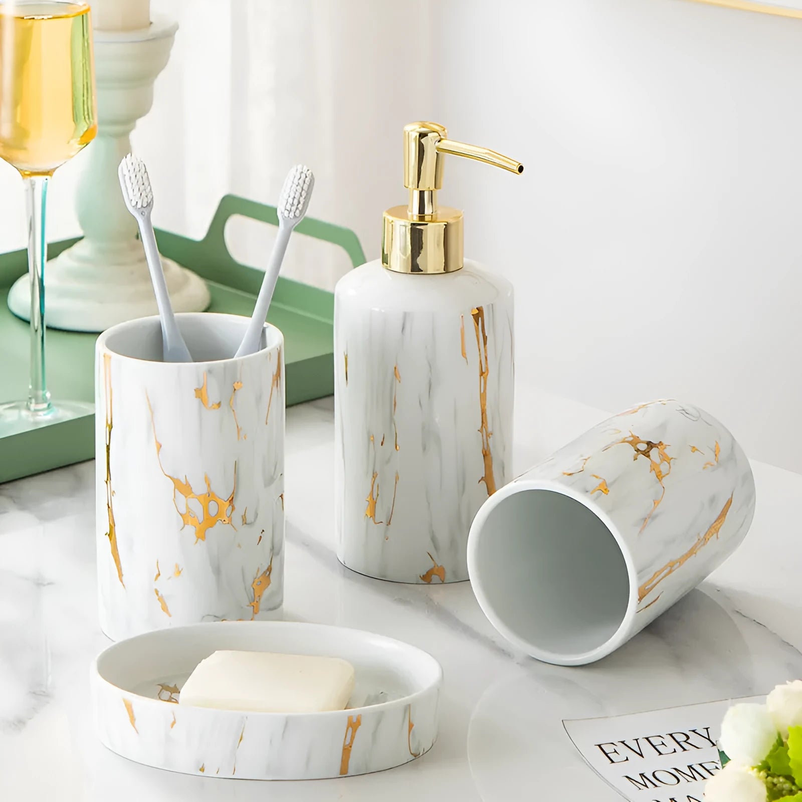 White ceramic bathroom wash kit set with two cups, a soap dish, and a latex bottle in a presentation box.