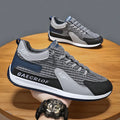 Men's grey and green mesh running shoes with low-top design and round toe