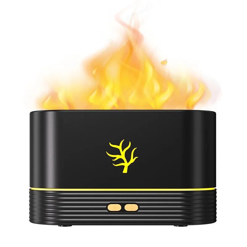 Square black or white USB flame humidifier with LED simulation fire effect and mist output.