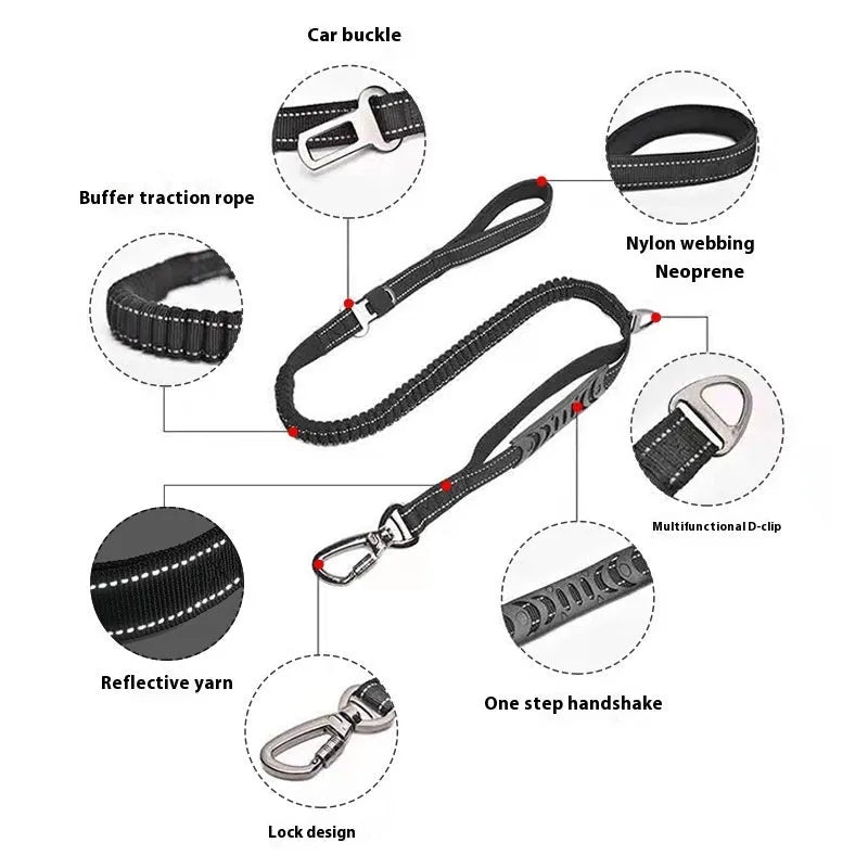 Pet hand holding rope buffer retractable reflective traction belt in black, khaki, or orange colours