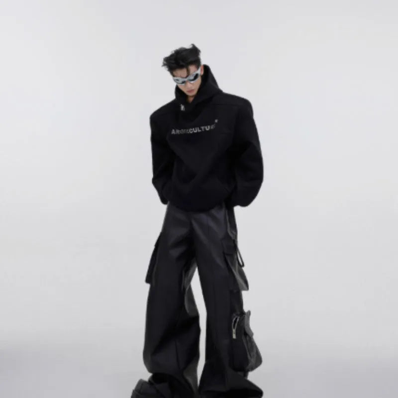 Men's red hooded sweater with three-dimensional printing pattern and structured shoulder pads