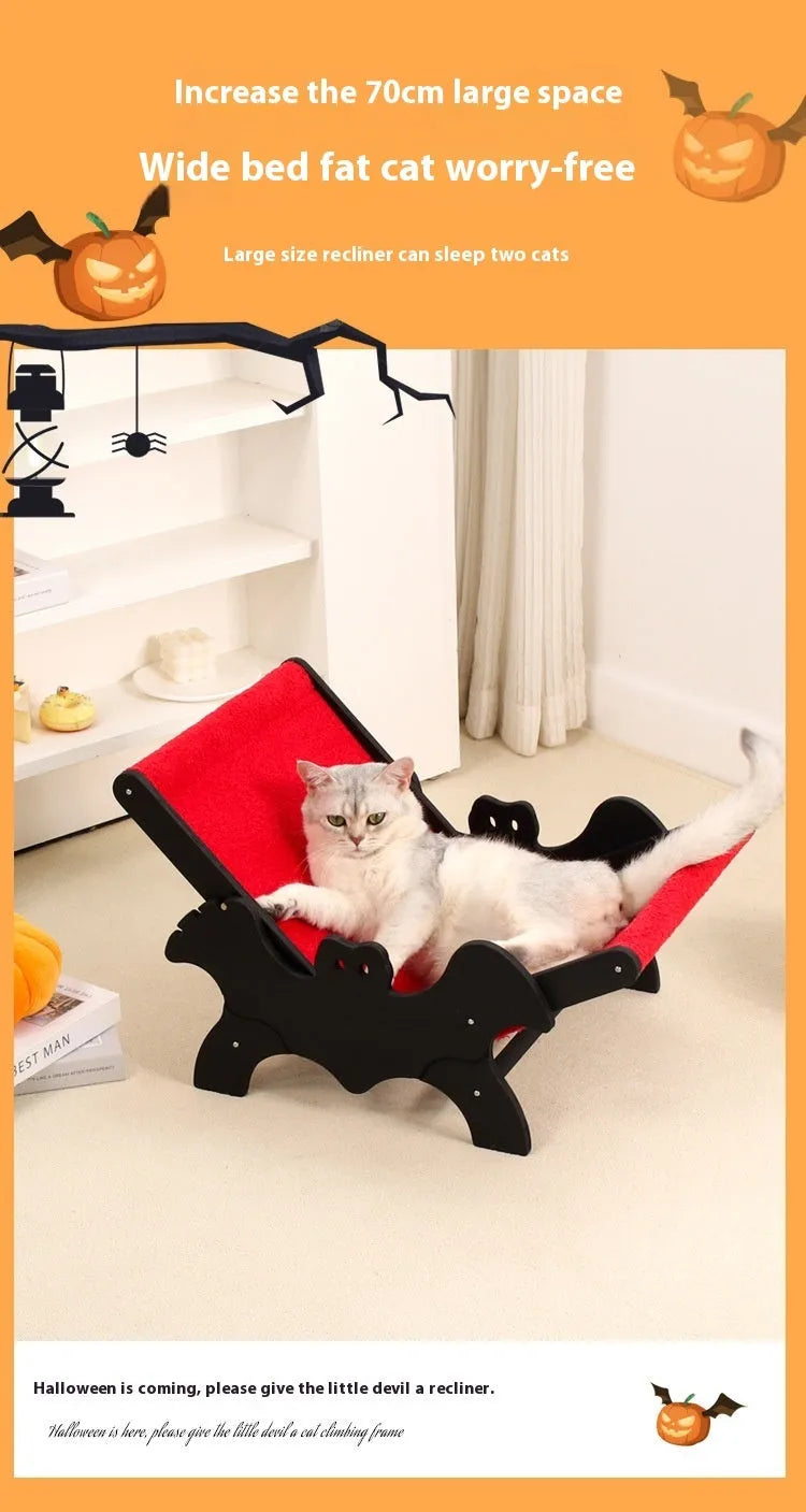 Wooden cat recliner with bat-shaped backrest in black and red Halloween colours