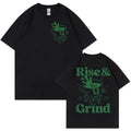 Rise And Grind Green Coffee cartoon graphic on a loose-fit linen t-shirt in multiple colours