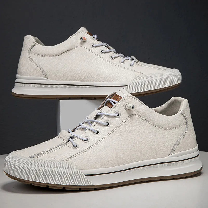 Men's white breathable shoes with matte leather upper and 6CM flat heel, showing round toe design