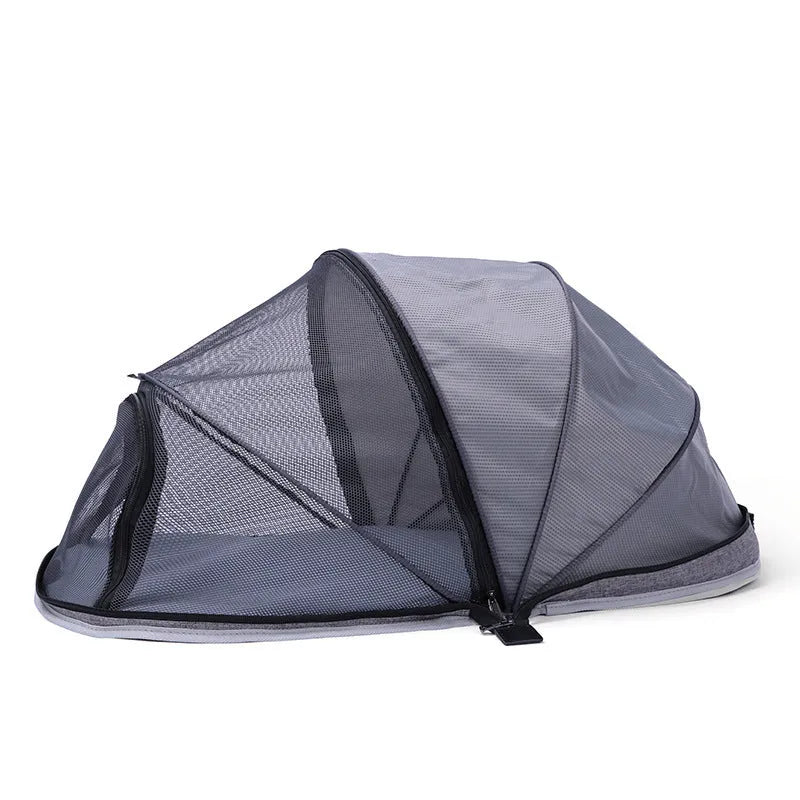 Black half-mesh folding tent for cats showing 50cm dimensions and portable design