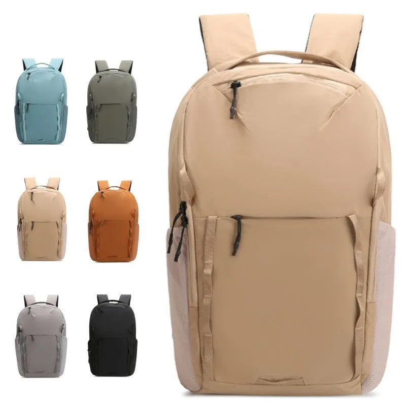 Waterproof Taslan composite cloth backpack in beige with a curved shoulder strap.