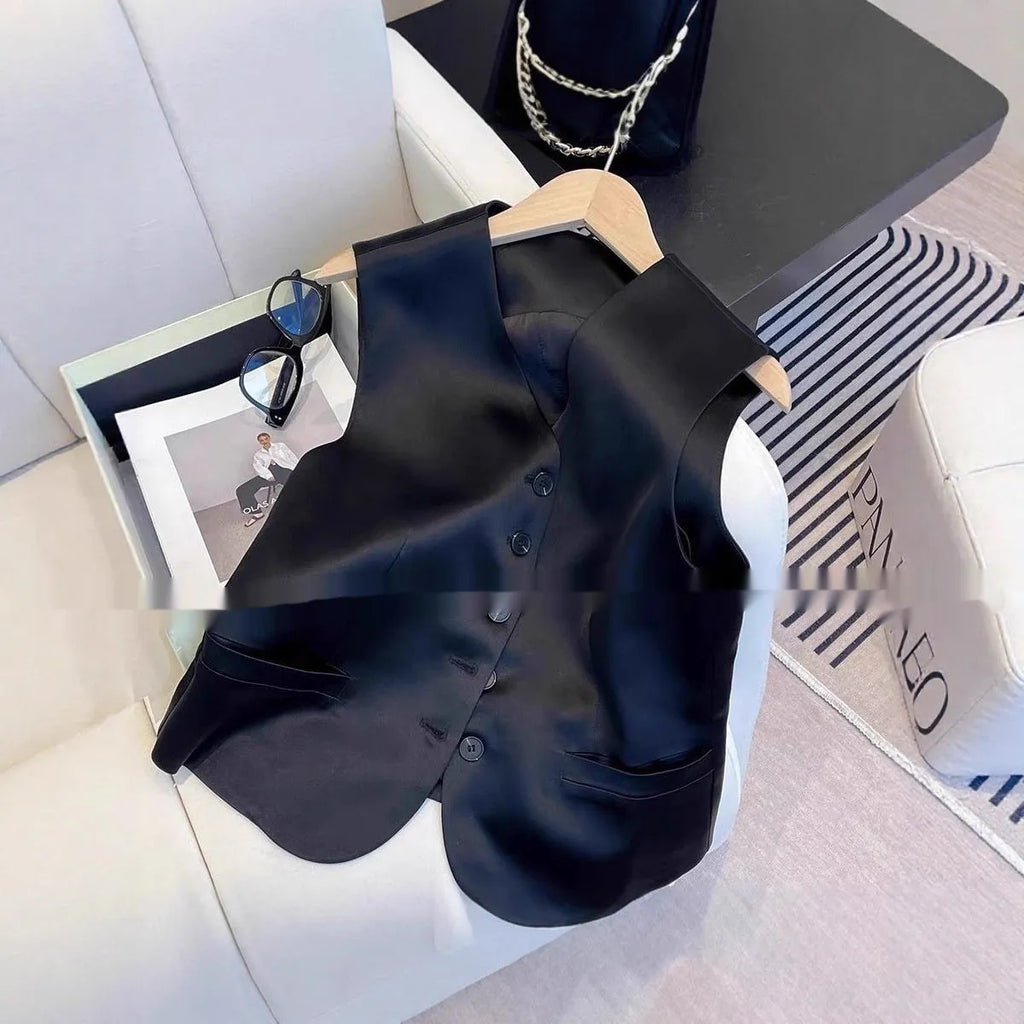 Black satin vest with sleeveless design and splicing details, shown on hanger