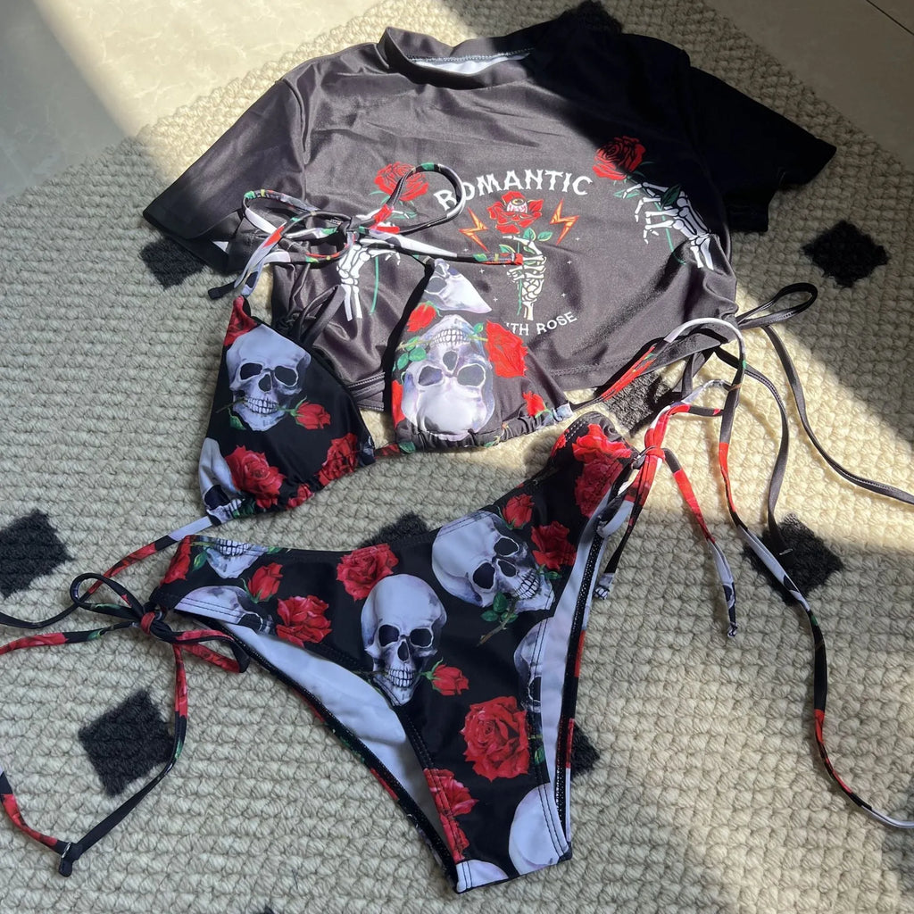 Women's three-piece swimsuit set with skull and rose pattern in red or green colour