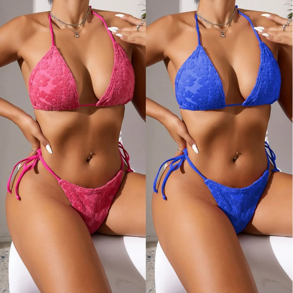 Women's lace-up bikini swimsuit in rose red colour with adjustable three-point design