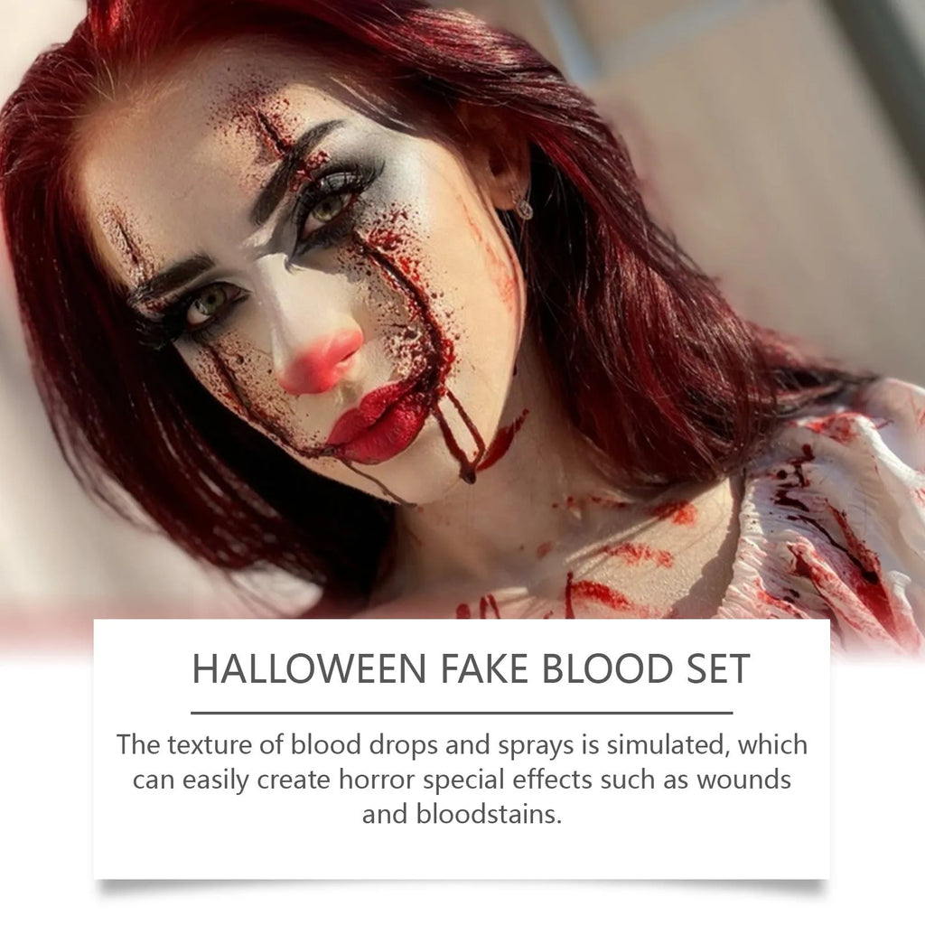 3-piece washable fake blood set with plasma drops, spray bottle, and surface soap container