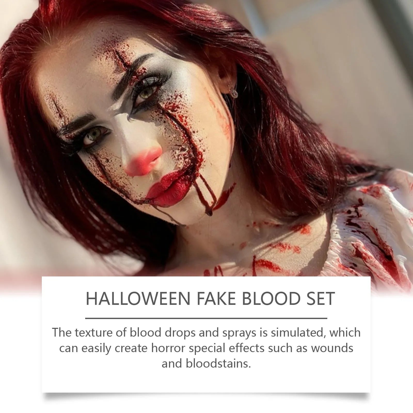 3-piece washable fake blood set with plasma drops, spray bottle, and surface soap container