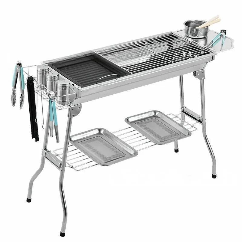 Stainless steel portable barbecue oven with flip design, showing 72cm width and integrated charcoal stove structure