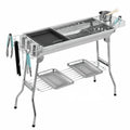 Stainless steel portable barbecue oven with flip design, showing 72cm width and integrated charcoal stove structure