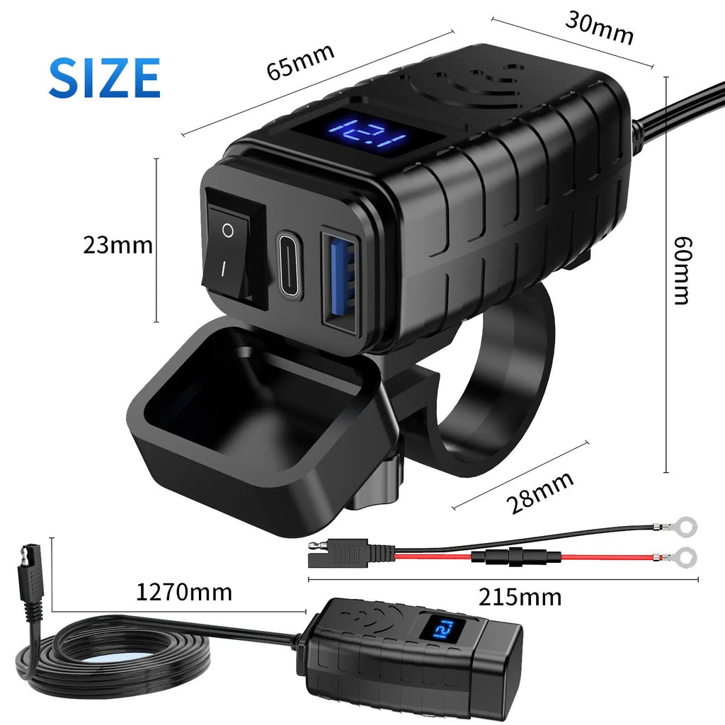 Motorcycle phone charger with waterproof digital display, blue screen, and 150cm cable.