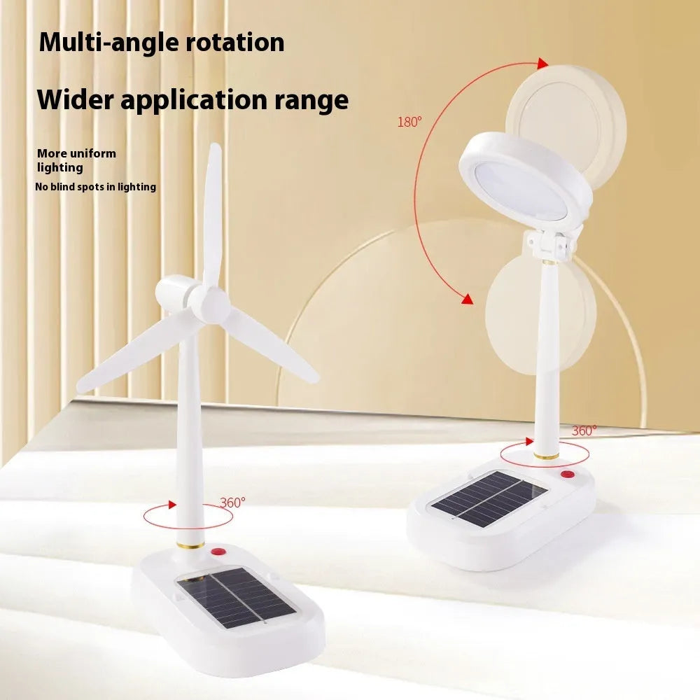 Ivory white solar table fan with LED study lamp showing dual-function design and button controls