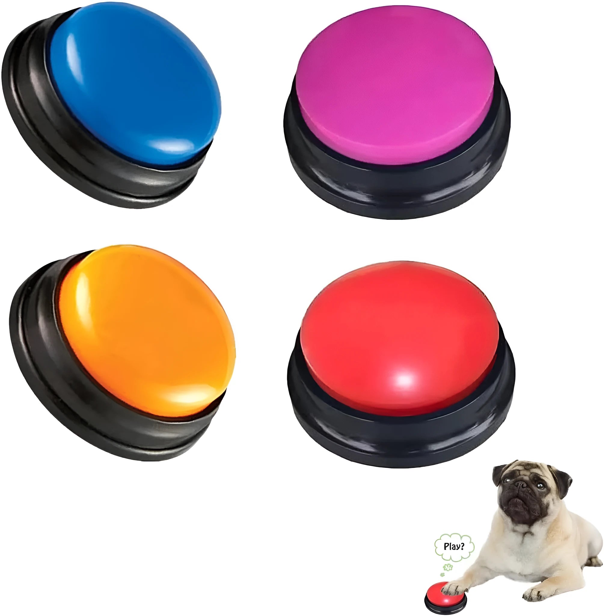 Voice recording dog training clicker device in multiple colour options showing record and playback buttons