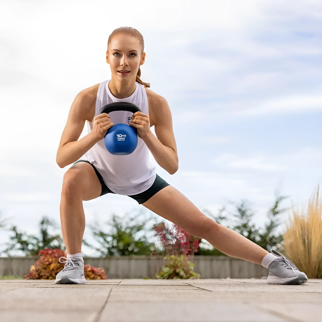 Blue cast iron teapot-shaped kettlebell dumbbell weighing 10 kg on a plain background.