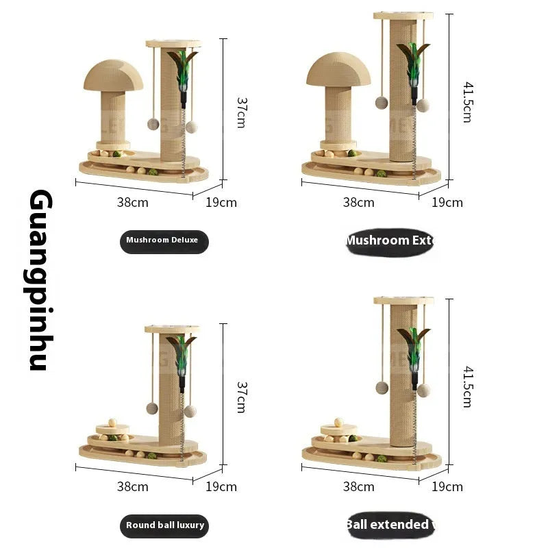 Solid wood cat turntable scratching post showing 60cm height and 30cm diameter rotating surface with multiple design options