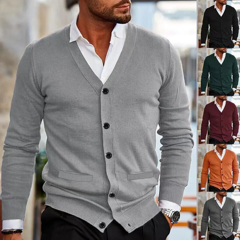 Men's slim-fit acrylic cardigan sweater in dark grey, showing cardigan style with long sleeves and standard autumn thickness