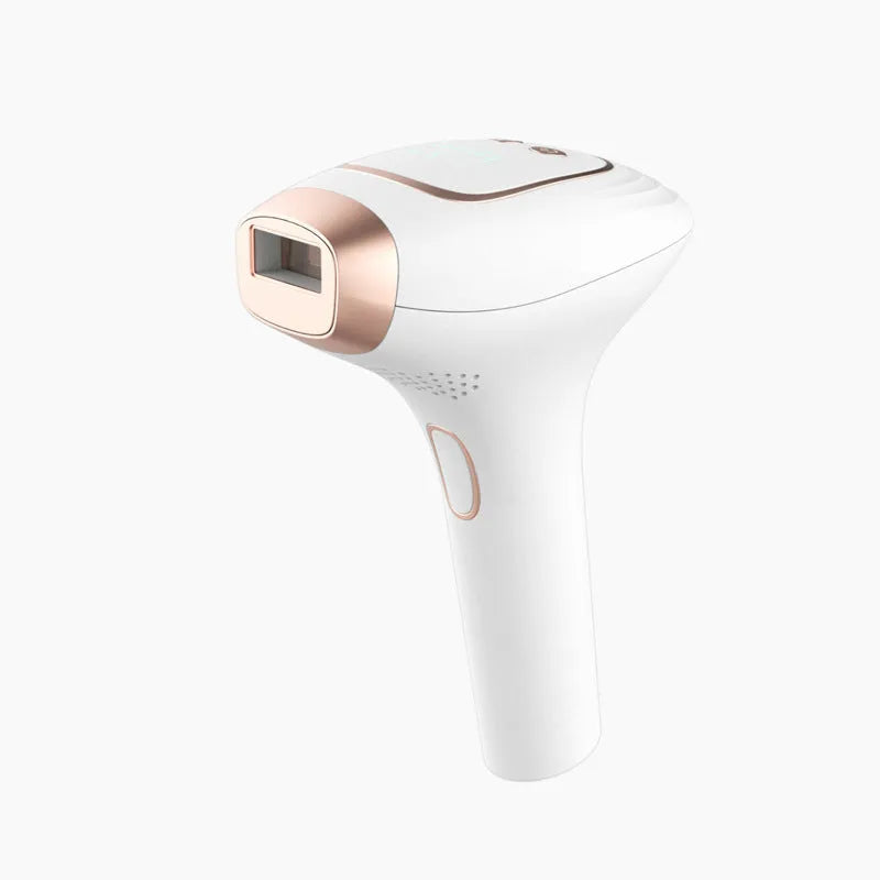 Pink and white IPL laser hair removal device with cooling system, charging cable, shaver, and safety glasses