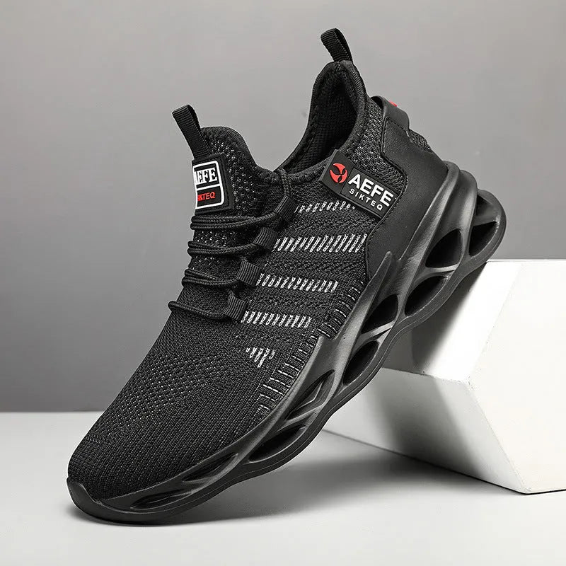 Men's black mesh casual running shoes with cross-strap design and round toe in Korean style