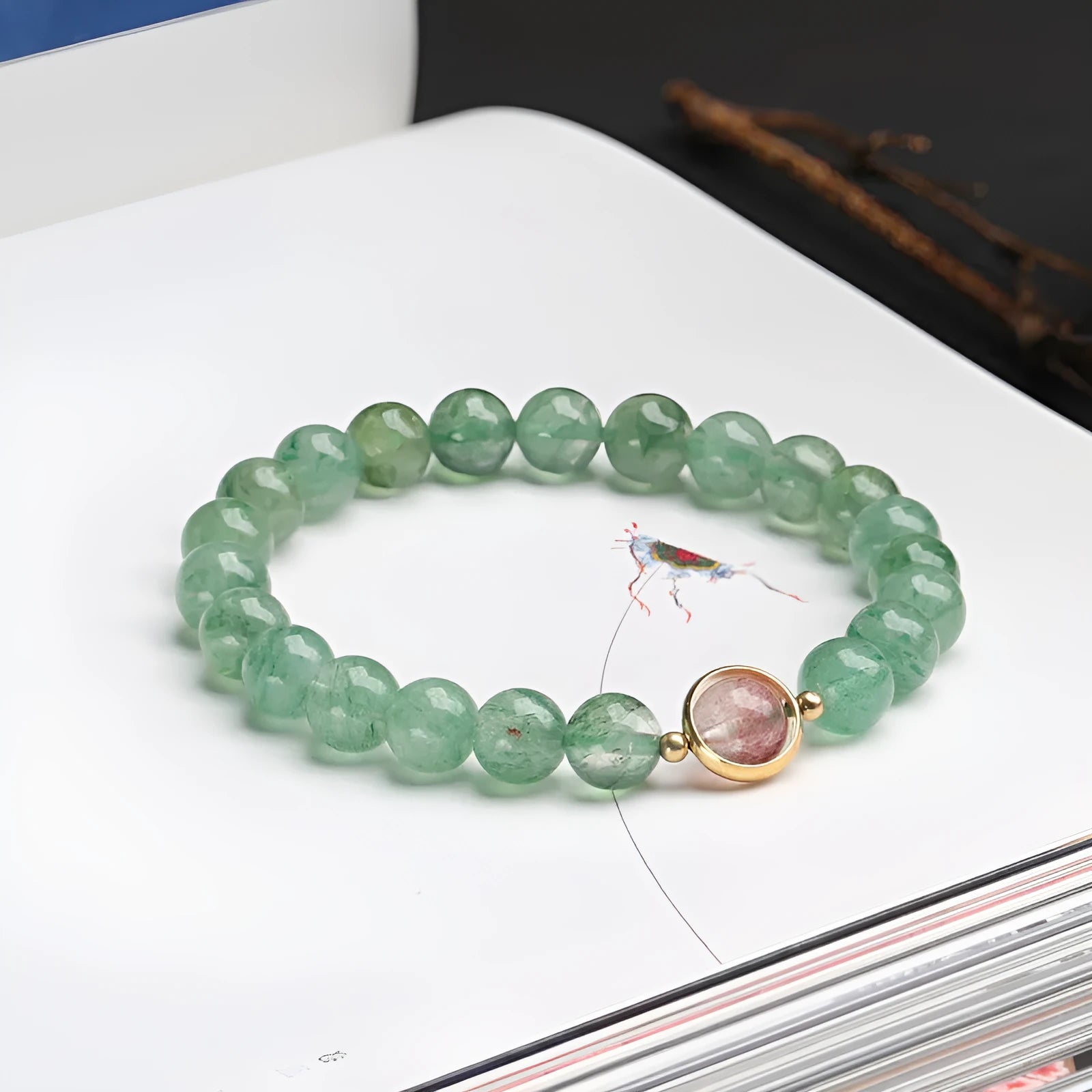 Green strawberry quartz bracelet with 7.5mm beads in hand-woven single circle ball design