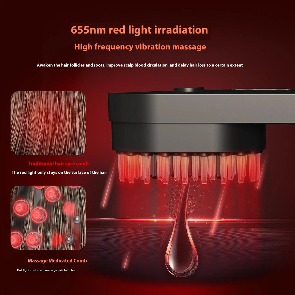 Pink and black smart massage comb for scalp care with red light therapy, less than 10cm long.