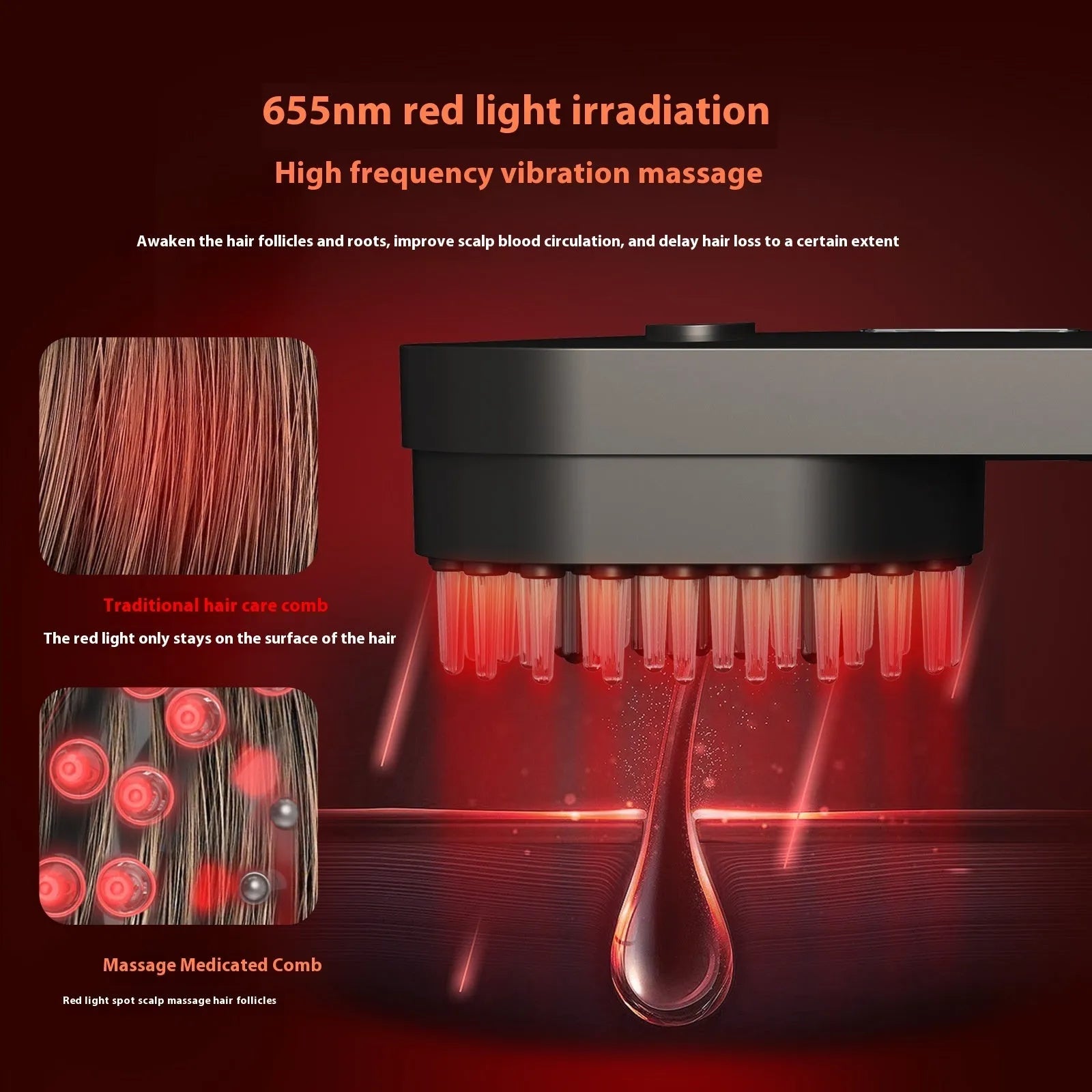 Pink and black smart massage comb for scalp care with red light therapy, less than 10cm long.