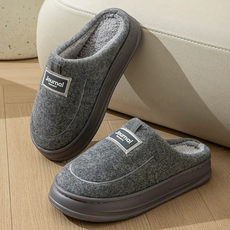 Brown and grey men's suede and cotton slippers with a thickened sole, shown in multiple extended sizes.