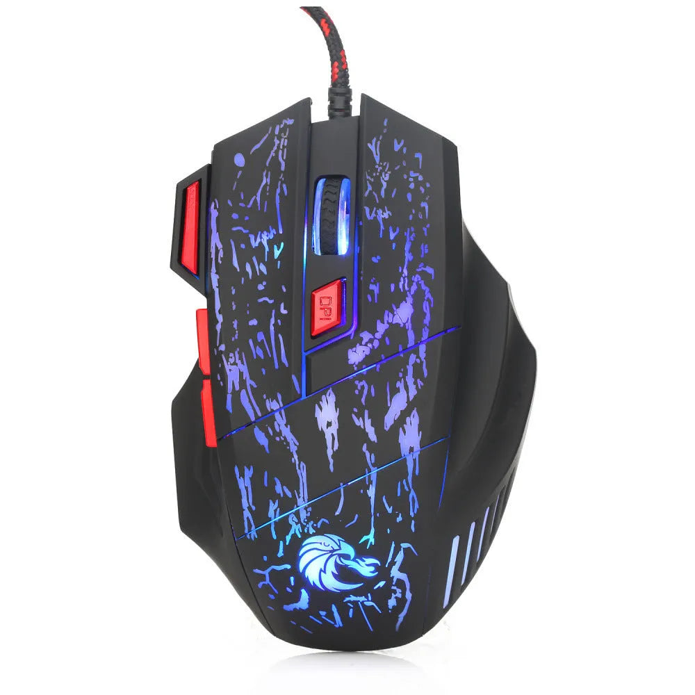 Water crack colourful luminous gaming mouse with USB cable on desktop surface